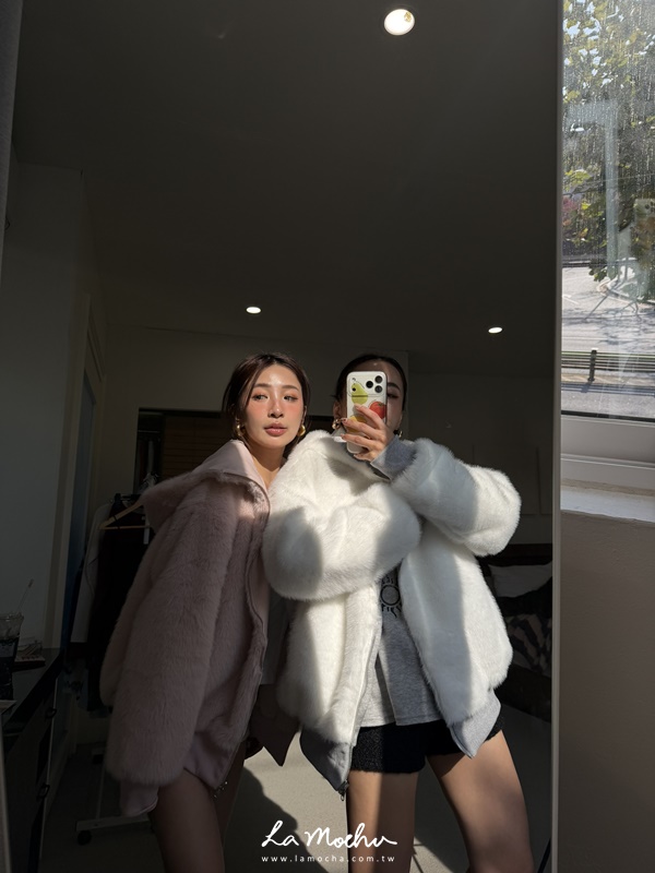 雙面穿翻領拉鍊毛毛外套